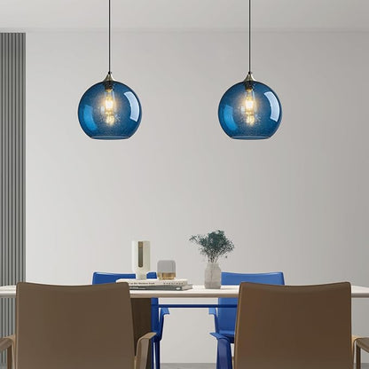 Modern 2-Pack Glass Globe Pendant Lights, Blue Modern Pendant Lighting for Kitchen Island, Clear Glass Hanging Lamps for Dining Room Living Room Bedroom, Large 9.85 Inch Fixture (Bulbs Not Included)
