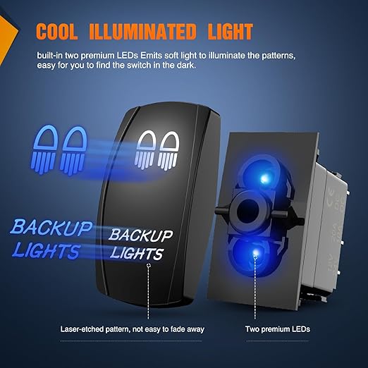 Nilight Backup Lights Rocker Switch Led Light Bar 5 Pin Laser On Off SPST switches 20A/12V 10A/24V Blue with Jumper Wires Set for Cars Trucks Boats ATVs UTVs RVs