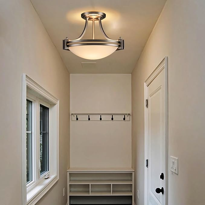 Modern 2-Light Semi Flush Mount Ceiling Light Brushed Nickel 12-Inch Milk Glass Light Fixtures Ceiling Mount for Bedroom Hallway Staircase Kitchen