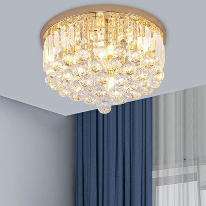 Mini Crystal Chandelier Ceiling Light,Flush Mount Modern Round K9 Crystal Raindrop Ceiling Lighting Fixture for Dining Room Bedroom Hallway Height 11''x Width 16''(French Gold)