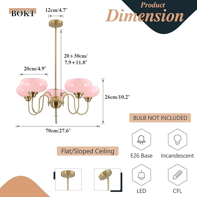 BOKT Pink Sputnik Chandelier Gold 5-Lights Semi Flush Mount Ceiling Light Pink Globe Chandelier Pendant Lighting Vintage Large Pendant Light Farmhouse Industrial Hanging Ceiling Light