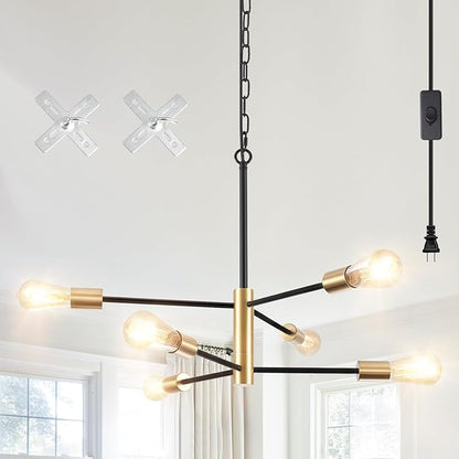 Plug in Chandelier Lighting with Long Cord, 6 Lights Modern Hanging Lights with Plug in Cord 15.09ft&On/Off Switch, Hanging Lamp Plug in Pendant Light Fixture for Dining Room Bedroom Kitchen
