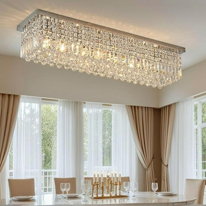 8-Light Gold Crystal Chandelier, Modern K9 Crystal Rectangle Chandelier for Dining Room Kitchen Island Hanging Pendant Light Fixture, L40 x W10 x H10