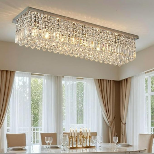 8-Light Gold Crystal Chandelier, Modern K9 Crystal Rectangle Chandelier for Dining Room Kitchen Island Hanging Pendant Light Fixture, L40 x W10 x H10