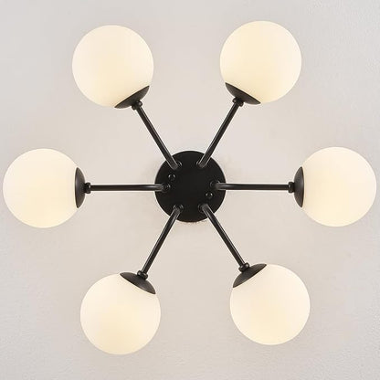 Modern Semi Flush Mount Ceiling Light,Black White Glass Shade Semi Ceiling Light 6-Light,Sputnik Chandeliers for Bedroom Living Room Hallway Dining Room Lighting Fixture