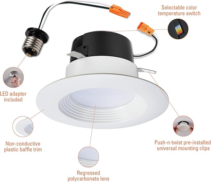 HALO 4 inch LED Recessed Lights with Selectable Color Temperature Dimmable Baffle Can Light Trim 6-Pack for Indoor Outdoor Ceiling Installation LT4069FS1EWHR 6-Pack