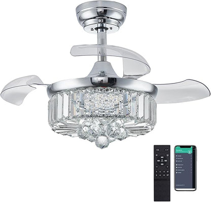 DuMaiWay 30" Chandelier Ceiling Fan with Light Crystal Modern Fandelier Reversible Ceiling Fan Dimmable Retractable Timer for Bedroom Dining Living Room Silver Chrome