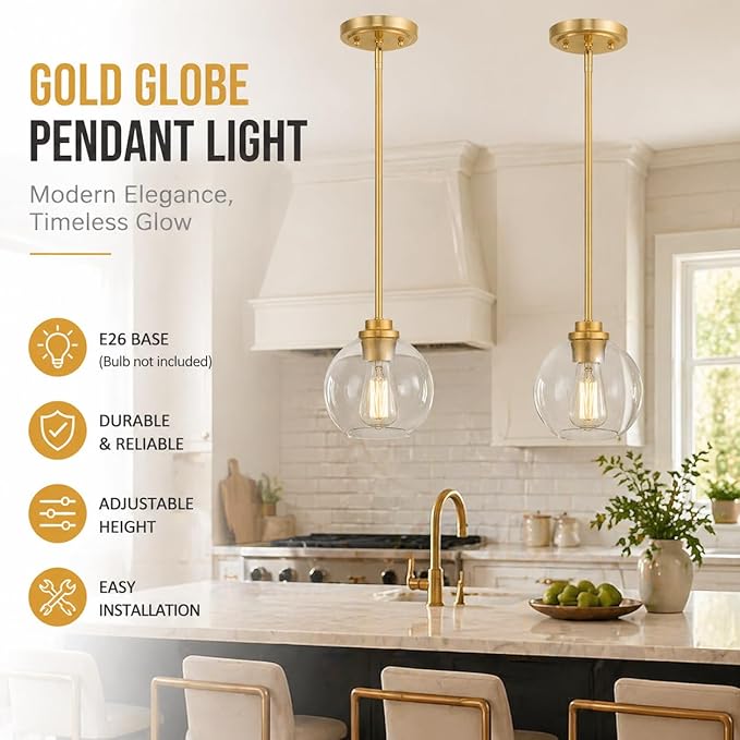 Gold Pendant Light, 7 Inch Clear Glass Farmhouse Hanging Fixture, Adjustable Height & Sloped Ceiling Compatible for Kitchen Island Dining Room Entryway Bedroom Hallway, 2 Pack