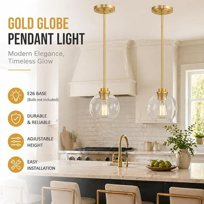 Gold Pendant Light, 7 Inch Clear Glass Farmhouse Hanging Fixture, Adjustable Height & Sloped Ceiling Compatible for Kitchen Island Dining Room Entryway Bedroom Hallway, 2 Pack