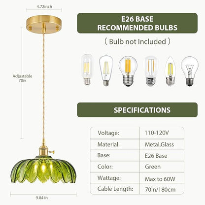 2 Pack Glass Pendant Lights Kitchen Island, Vintage Brass Pendant Light Fixtures, Adjustable Green Kitchen Pendant Lighting Over Island for Bedroom Living Room Hallway Dining Room