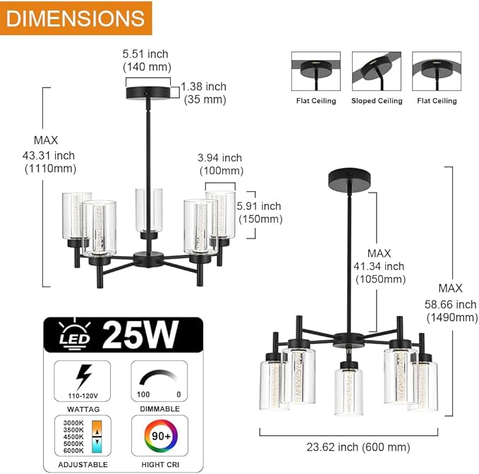 5 Light LED Modern Pendant Lights, Classic Black Chandelier with Crystal Bubble Clear Glass Shade Indoor Kitchen Island Lights Fixtures for Dining Room Cafe Bar