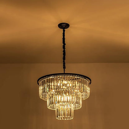 12 Lights 23.64" Black Modern Crystal Chandelier Crystal Pendant Ceiling Light Fixture 3-Tier Hanging Lighting for Dinning Room Bedroom Living Room Foyer