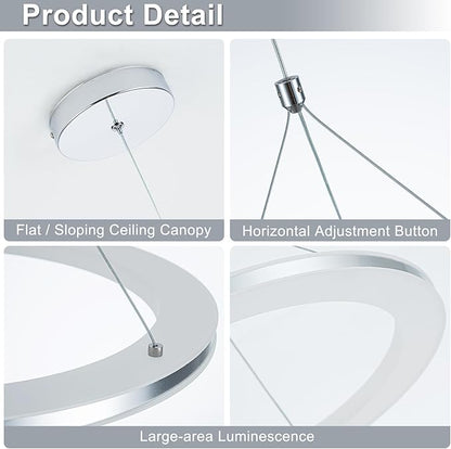 CHYING LED Pendant Lights Kitchen Island, 15.8" 18W Cool White Modern Ring Chandelier, Adjustable Height Silver Hanging Pendant Ceiling Light for Dining Room Bedroom Hallway Entryway, 3000K