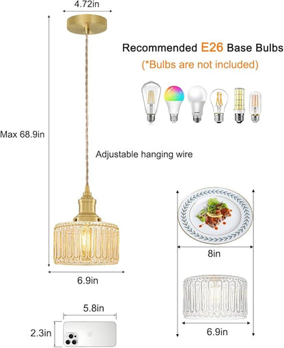 Rustic Pendant Light Set of 2, Brushed Gold Pendant Lights Kitchen Island with Amber Glass Shade, Brass Kitchen Pendant Lighting over Island, Adjustable Hanging Light for Hallway Bathroom Dining Room