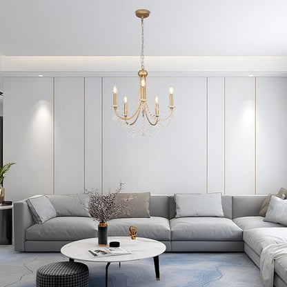 5-Light Farmhouse Chandelier with Crystal Accents, Gold Candle-Style Adjustable Pendant Light for Dining Table, Bedroom, Entryway, Living Room, Kitchen Island, Rustic Modern Ceiling Fixture