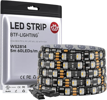 BTF-LIGHTING WS2814 IC RGBW RGB+Cool White (Similar WS2812B),Addressable DC12V 16.4FT 60LED/m 20pixel/m,UL Listed,4 Colors in 1 Dream Color LED Strip IP65 for Home Decor(No Adapter or Controller)