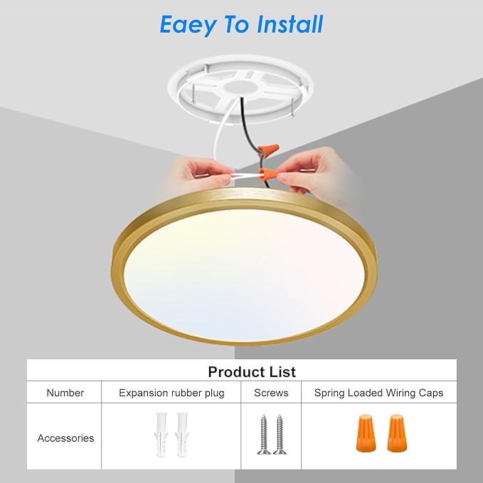 Peasur 12 Inch LED Ceiling Light Gold, 24W Slim Flush Mount Ceiling Light 3000K/4000K/6500K Adjustable, Modern Round Ceiling Lighting for Bedroom, Living Room, Kitchen