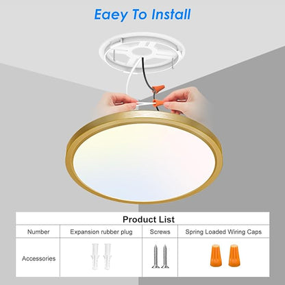 Peasur 12 Inch LED Ceiling Light Gold, 24W Slim Flush Mount Ceiling Light 3000K/4000K/6500K Adjustable, Modern Round Ceiling Lighting for Bedroom, Living Room, Kitchen