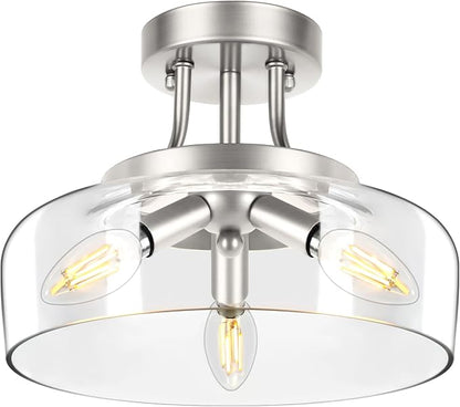 TOBUSA 3-Light Semi Flush Mount Light Fixture, Modern Industrial Glass Ceiling Light with E12 Base, Metal Semi Flush Ceiling Light for Living Room Kitchen Bedroom Hallway Balcony, No Bulbs, Nickle