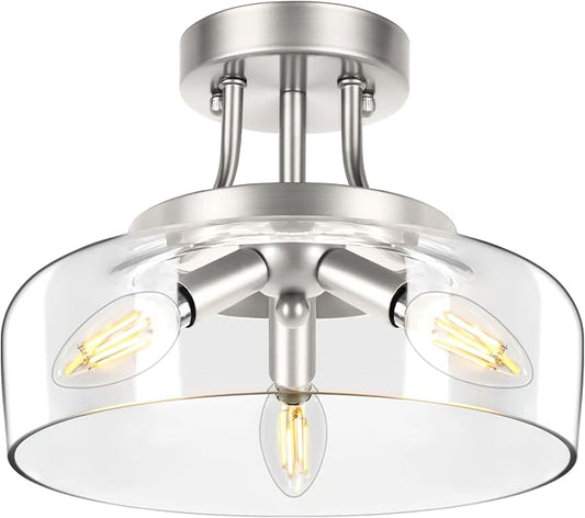 TOBUSA 3-Light Semi Flush Mount Light Fixture, Modern Industrial Glass Ceiling Light with E12 Base, Metal Semi Flush Ceiling Light for Living Room Kitchen Bedroom Hallway Balcony, No Bulbs, Nickle