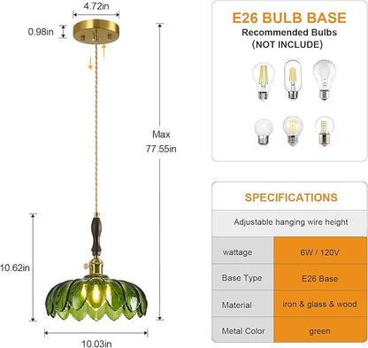 Modern Green Glass Pendant Light Retro Flower Glass Hanging Lamp Gold Brass Decorative Adjustable Ceiling Hanging Light Suitable for Kitchen Island Bedroom Dining Room Living Room