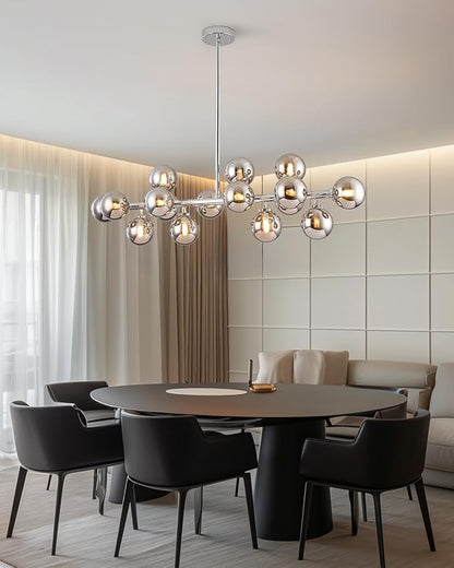 Glass Globe Sputnik Chandelier, 16-Light Mid Century Modern Light Fixture Over Table, Linear Chandeliers for Dining Room, Kitchen Island, Chrome and Smoke Grey Bubble, 40 Inch, GC-02