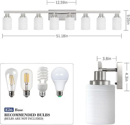 8-Light Bathroom Light Fixtures, 52inch Nickel Vanity Light with Milky White Glass Shade, Modern Bathroom Wall Lights Over Mirror, Farmhouse Wall Sconces Lighting for Bedroom Living Room
