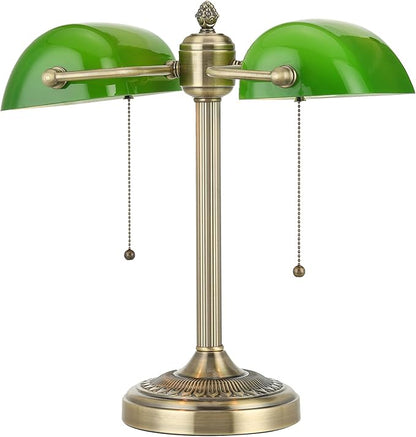 Green Double Head Glass Bankers Desk Lamp with Pull Chain Switch Plug in Fixture for Library, Office, Cafe