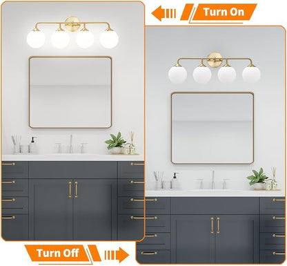 Modern Brushed Brass Bathroom Light Fixtures, Elegant Gold 4-Lights Vanity Light Fixtures, Milky White Globe Glass Shade Vanity Light over Mirror, Wall Sconces for Bathroom Dressing Table Bedroom
