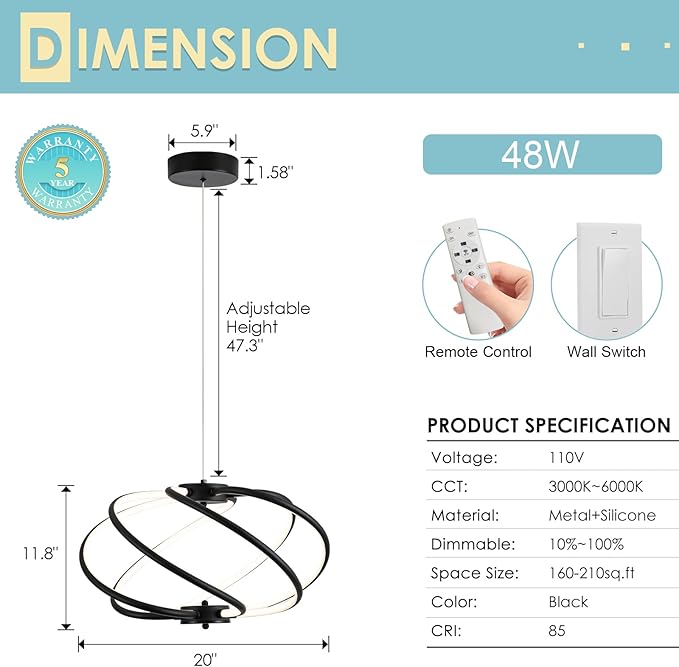 CHYING Modern Black Chandelier with Remote Control, 48W 3-Color Temperature Dimmable LED Chandelier for Dining Room, Hanging Adjustable Pendant Light for Living Room Kitchen Entryway Foyer