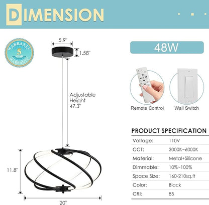 CHYING Modern Black Chandelier with Remote Control, 48W 3-Color Temperature Dimmable LED Chandelier for Dining Room, Hanging Adjustable Pendant Light for Living Room Kitchen Entryway Foyer