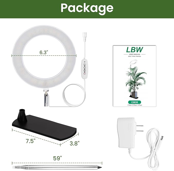 LBW Grow Lights for Indoor Plants, 6.3" Full Spectrum Plant Light with Base, 59" Height Adjustable Grow Lamp, 6/8/12/16H Auto Timer, 3 Color, 5 Dimmable Level, for Tall Large Plants, White,3 Pack