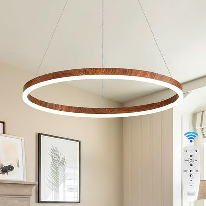 GlowHub Modern LED Chandelier, Wood Grain 1-Ring LED Pendant Light Fixture with Remote Control, Farmhouse Round Chandelier for Dining Room, 20 Inches Circle Hanging Light for Foyer Kitchen