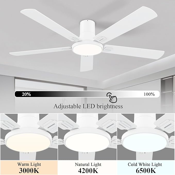 SNJ 60 Inch White Ceiling Fans with Lights and Remote,Flush Mount Low Profile 5 Blades Ceiling Fan,Dimmable Quiet Reversible DC Motor for,Living Room,Bedroom and Patio