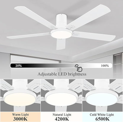 SNJ 60 Inch White Ceiling Fans with Lights and Remote,Flush Mount Low Profile 5 Blades Ceiling Fan,Dimmable Quiet Reversible DC Motor for,Living Room,Bedroom and Patio