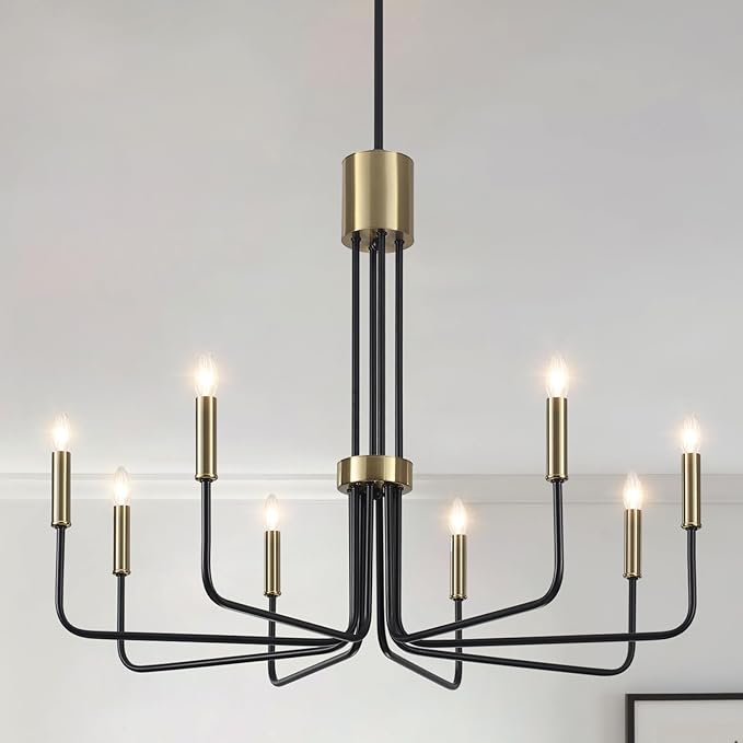 Black and Gold Chandelier, 8 Light Modern Chandeliers for Dining Room Light Fixture, Farmhouse Chandelier for Living Room, Bedroom, Kitchen, Entryway, Foyer
