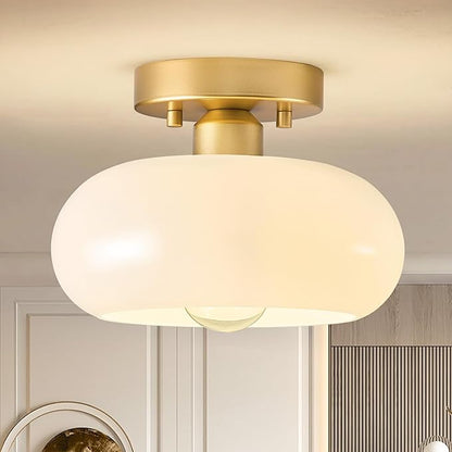 Mid-Century Modern Gold Semi Flush Mount Ceiling Light,White Glass Dome Hallway Lighting Fixtures, Metal Close to Ceiling Lamp for Entryway Bathroom Kitchen Bedroom Porch Foyer Office(8.66 Inch)