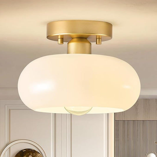Mid-Century Modern Gold Semi Flush Mount Ceiling Light,White Glass Dome Hallway Lighting Fixtures, Metal Close to Ceiling Lamp for Entryway Bathroom Kitchen Bedroom Porch Foyer Office(8.66 Inch)