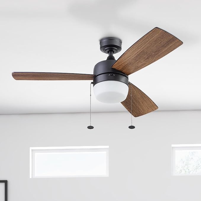 Honeywell Ceiling Fans Barcadero Contemporary 44 Inch Ceiling Fan with Light, Pull Chain, LED Indoor Fan with 3 Blades, Matte Black (51476-01)