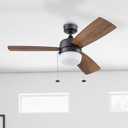 Honeywell Ceiling Fans Barcadero Contemporary 44 Inch Ceiling Fan with Light, Pull Chain, LED Indoor Fan with 3 Blades, Matte Black (51476-01)