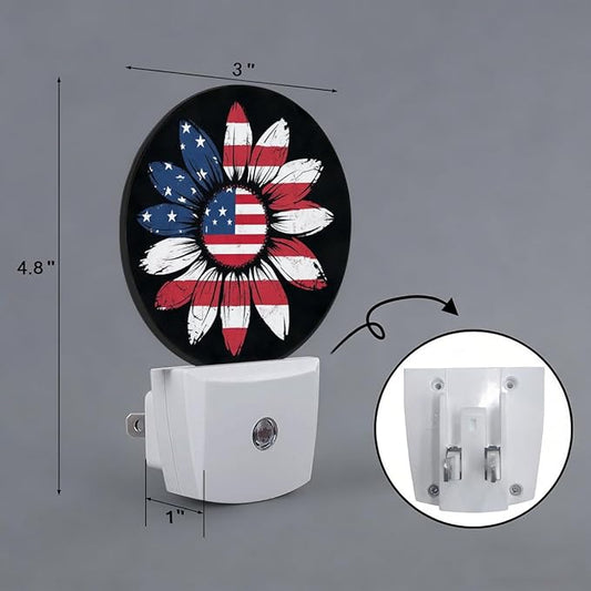Sunflower USA Flag Plug in Night Light Auto Light Round Lamps Energy Saving Gift for Women Men Friends