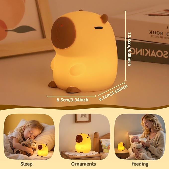 Capybara Night Light Squishy, 50Hrs Nursery Night Light, Touch Control 2 Brightness, 30Min Auto-Off, Rechargeable Bedside Lamp for Baby Kids, [Mothers Day Gifts]