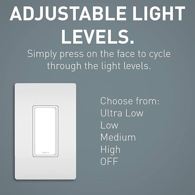 Legrand Radiant Full Adjustable LED Night Light Outlet with Screwless Wall Plate, Hallway Stair Night Light, Power Outage Light, NTLFULLWPW, White