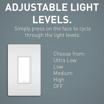 Legrand Radiant Full Adjustable LED Night Light Outlet with Screwless Wall Plate, Hallway Stair Night Light, Power Outage Light, NTLFULLWPW, White