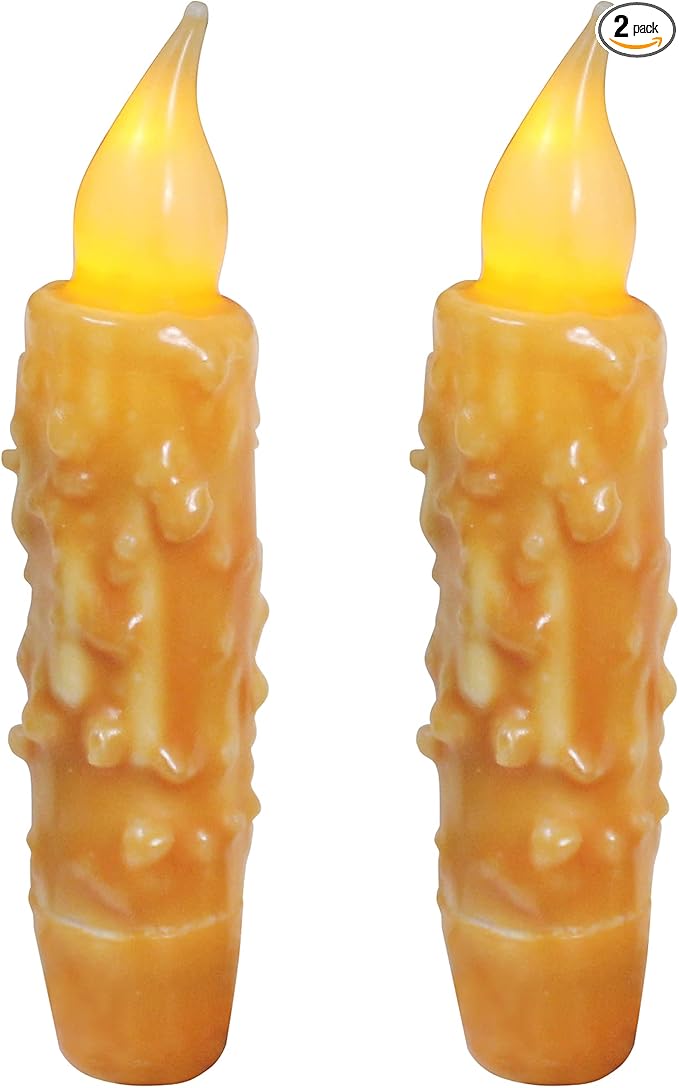 CVHOMEDECO. Real Wax Hand Dipped Battery Operated LED Timer Taper Candles Rustic Primitive Flameless Lights Decor, 4-3/4 Inch, Orange, 2 PCS in a Package