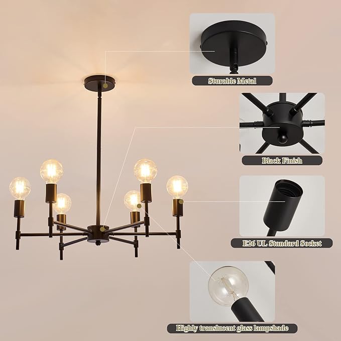 ASGYISA 6-Ceiling Light Black Sputnik Chandelier Metal Modern Semi Flush Mount Fixture Pendant Lights Industrial Farmhouse for Bedroom Kitchen Dining Room Living Room Laundry Room E26 Base