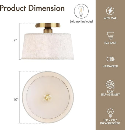 2P Modern Ceiling Light Fixture, 10 Inch Semi Flush Mount Lamp with Linen Shade, E26 Base, Gold for Kitchen Bedroom Hallway Closet Entryway Room Small Spaces, 2 Pack