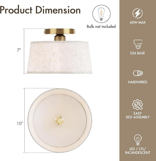 2P Modern Ceiling Light Fixture, 10 Inch Semi Flush Mount Lamp with Linen Shade, E26 Base, Gold for Kitchen Bedroom Hallway Closet Entryway Room Small Spaces, 2 Pack