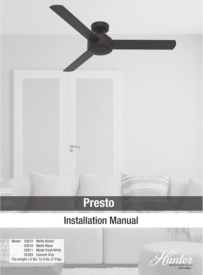 Hunter 52 inch Indoor Ceiling Fan No Light - Modern Ceiling Fan without Light, 3 Blades, Standard Mount, For Bedroom, Living Room, or Kitchen, Wall Control - Presto 52383, Dove Grey