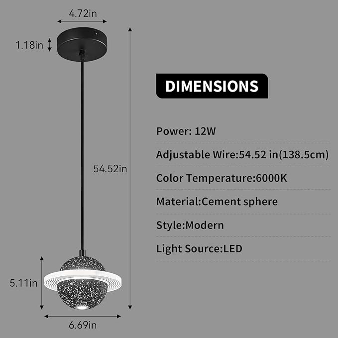 Modern LED Pendant Light Fixtures,Concrete Pendant Lights Kitchen Island, Planet Pendant Lighting Adjustable for Dining Living Room Bedroom Kitchen Island(Black 1-Pack)